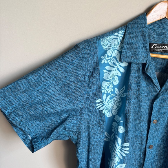 Favant Men's Tropical Hawaiian Button Up V-Neck Short Sleeve Shirt Blue XL Dad - Picture 2 of 13